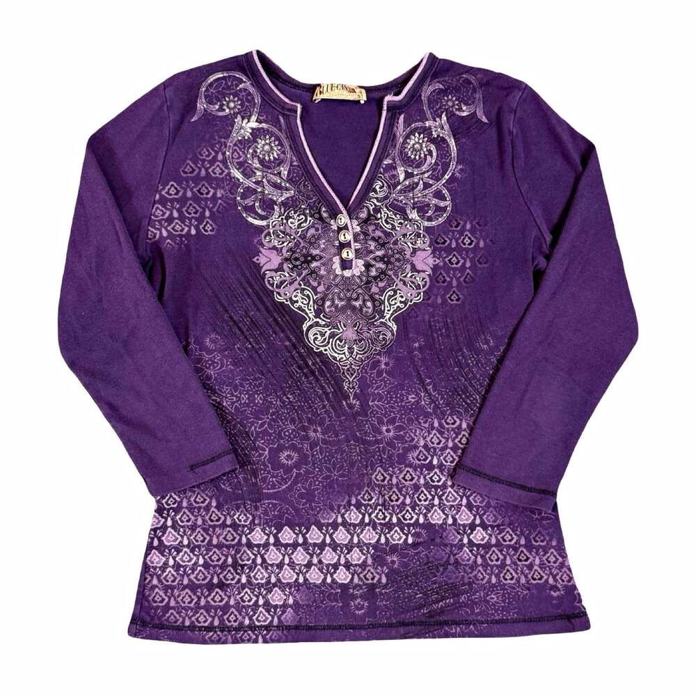 Y2K Blue Canyon Purple Floral Cotton Knit V-Neck Henley Tee Long Sleeve S